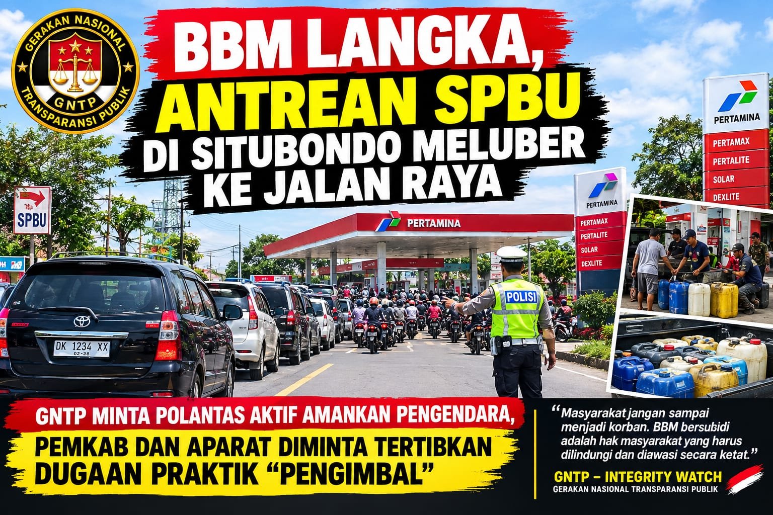 BBM LANGKA, ANTREAN SPBU DI SITUBONDO MELUBER KE JALAN RAYA GNTP MINTA POLANTAS AKTIF AMANKAN PENGENDARA, PEMKAB DAN APARAT DIMINTA TERTIBKAN DUGAAN PRAKTIK “PENGIMBAL”